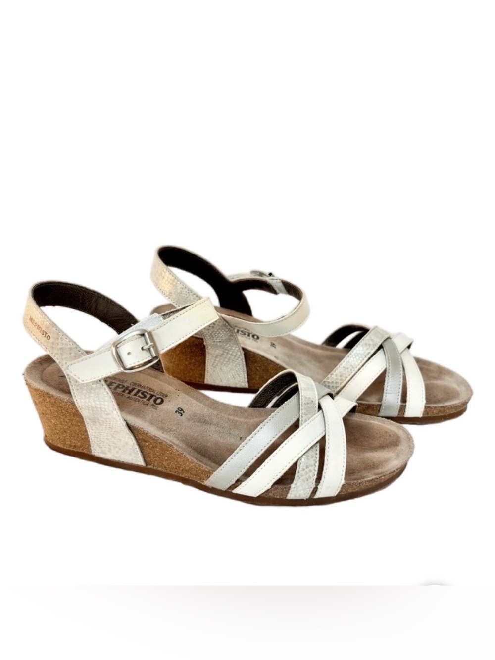 Mephisto Women's White and Silver Leather Strappy Wedge Sandals